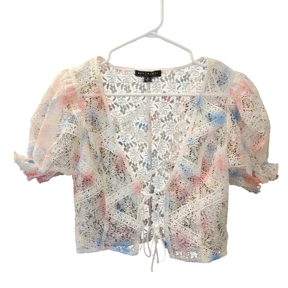 Blue Blush Romantic Dye Lace Tie-Front Puff Sleeve Top Size S